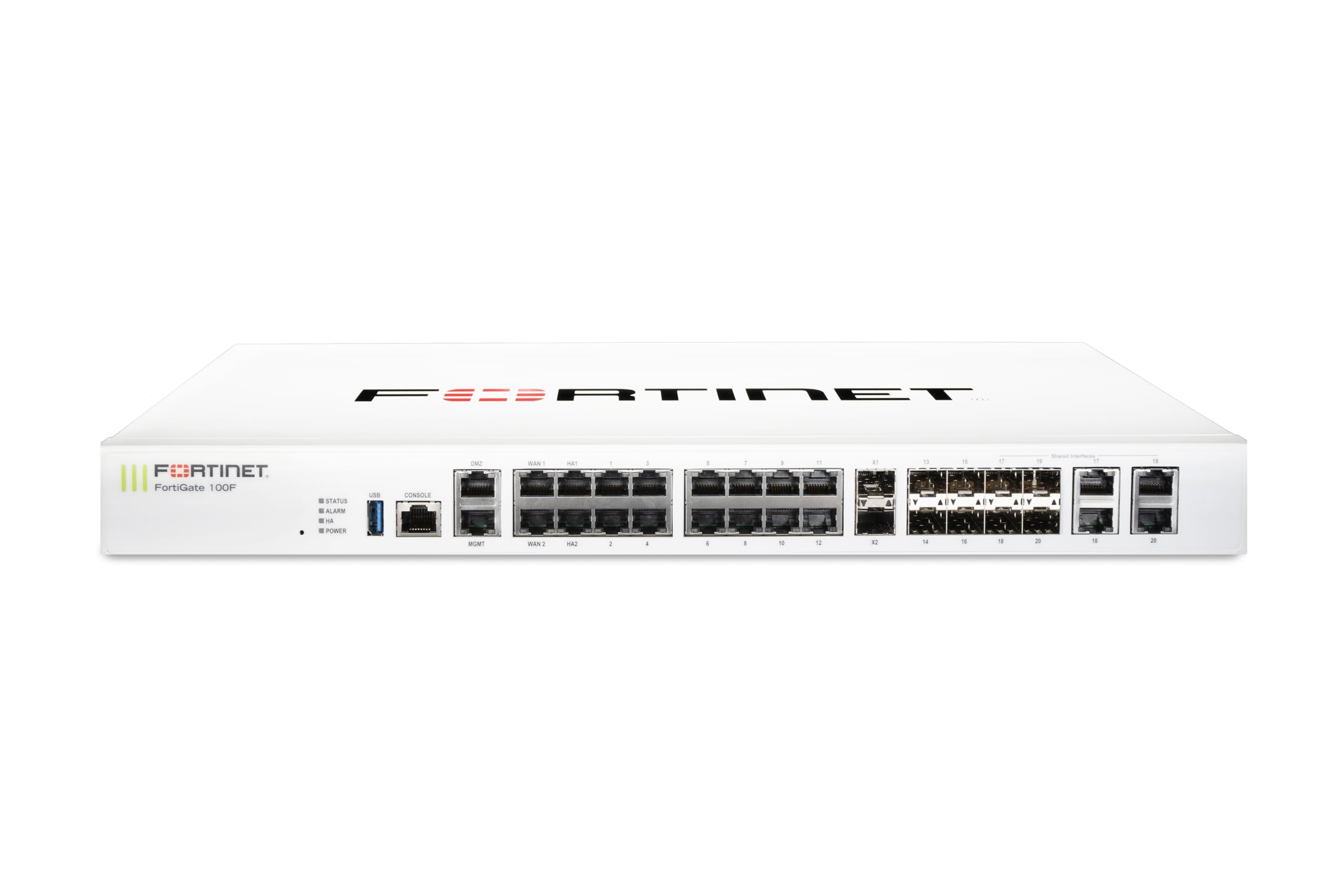 Межсетевой экран Fortinet FortiGate FG-100F 22 x GE RJ45 ports (including 2 x WAN ports, 1 x DMZ port, 1 x Mgmt port, 2 x HA ports, 16 x switch ports with 4 SFP port shared media), 4 SFP ports, 2x 10G SFP+ FortiLinks, dual power supplies redundancy.