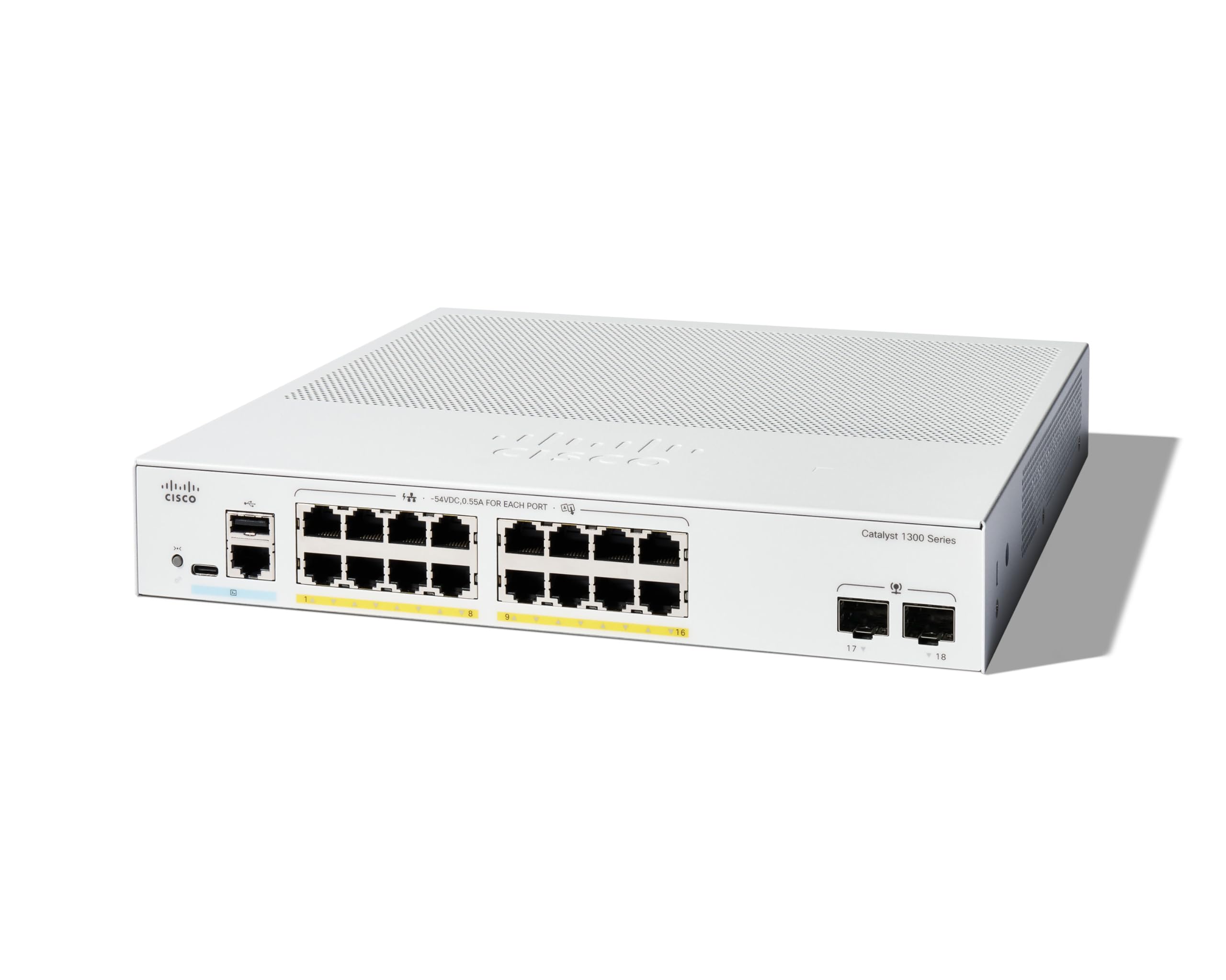 Коммутатор CISCO Catalyst 1300 16x 10/100/1000 RJ-45 PoE+, 2x 1Gb SFP uplinks, PoE+ 120W, Fanless, C1300-16P-2G-L