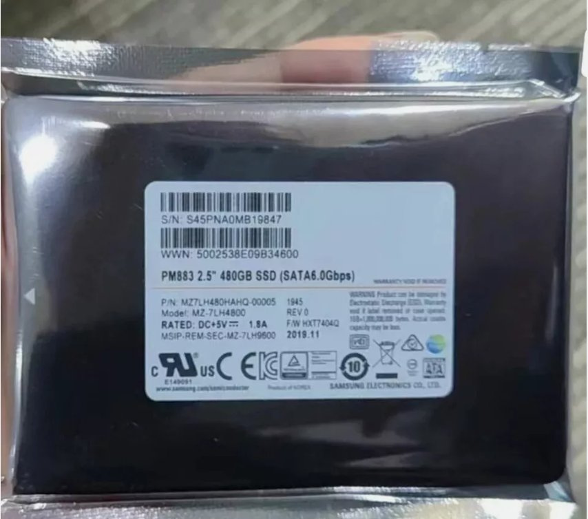 Твердотельный накопитель/ Samsung SSD PM883, 480GB, 2.5" 7mm, SATA3, 3D TLC, R/W 550/520MB/s, IOPs 98 000/25 000, TBW 683, DWPD 1.3 (12 мес.)