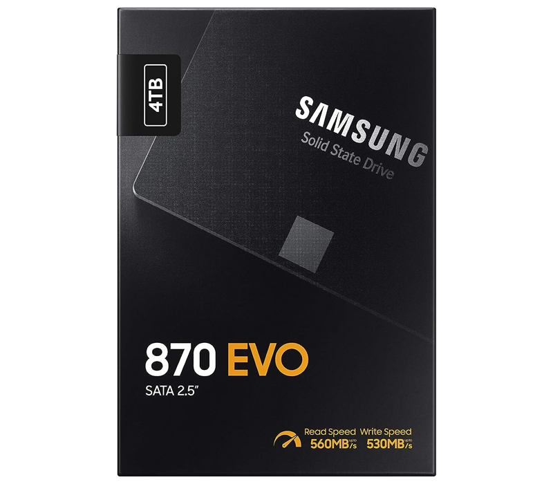 Твердотельный накопитель/ Samsung SSD 870 EVO, 4000GB, 2.5" 7mm, SATA3, 3-bit MLC, R/W 560/530MB/s, IOPs 98 000/88 000, DRAM buffer 4096MB, TBW 2400, DWPD 0.33 (12 мес.)